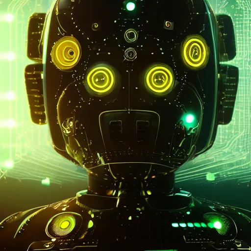 Image similar to super advanced technological anthropomorphic robot from the future, intricate details, mystic symbols, glowing, chords, particle effects, octane render, 4 k, depth of field, cinematic lighting, cinematic composition