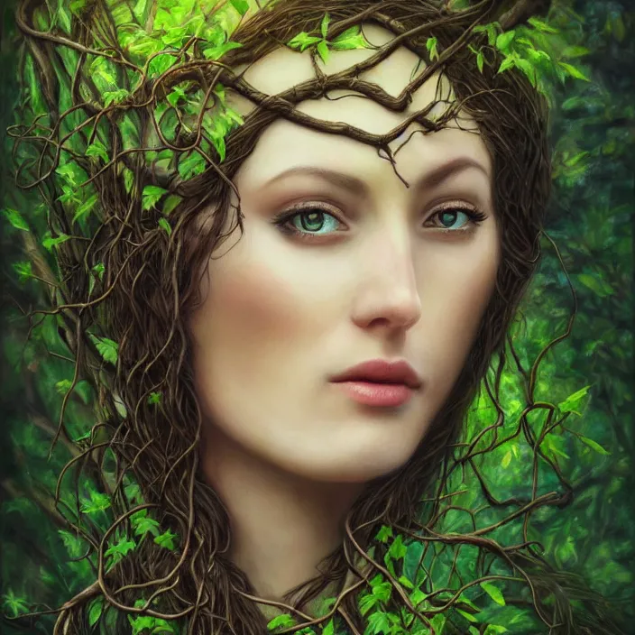 Prompt: nature goddess, beautiful portrait, entwined in vines and nature, forest theme, dark forest, light shining through, hyper - realistic, extremely detailed