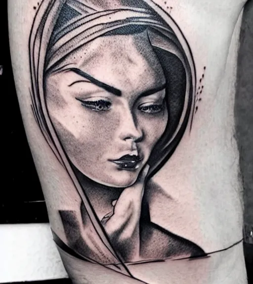 Image similar to tattoo design sketch of a beautiful woman face with a faded background of beautiful mountains and nature on her side, hyper - realistic, in the style of den yakovlev, amazing detail, black and white