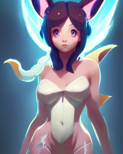 Image similar to photo of eevee pokecmon humanisation, by greg rutkowski, rossdraws, gil elvgren, enoch bolles, glossy skin, pearlescent, anime, very coherent