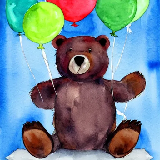 Prompt: watercolor cute animated bear holding birthday balloons, white background,