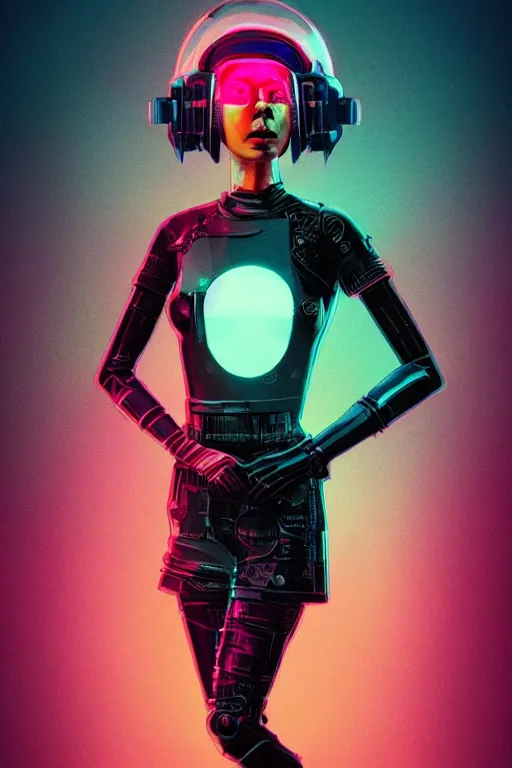 Prompt: full body punk girl, blade runner 2 0 4 9, scorched earth, cassette futurism, modular synthesizer helmet, the grand budapest hotel, glow, digital art, artstation, pop art, by hsiao - ron cheng