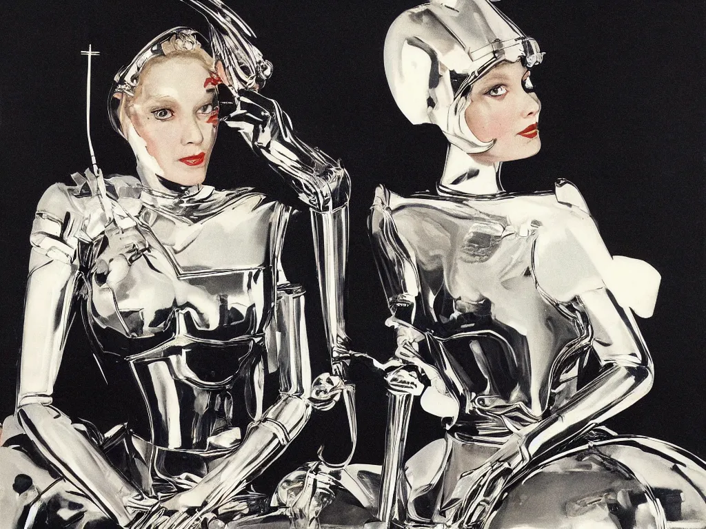 Prompt: a Royal portrait of chrome android woman as illustrated by H.R. Geiger. 1979