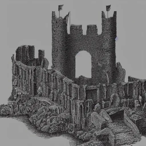 Image similar to ruined castle in the style of kentaro miura, 4 k, 8 k, absolute detailing of even the smallest details and particles, beautiful shadows, beautiful drawing