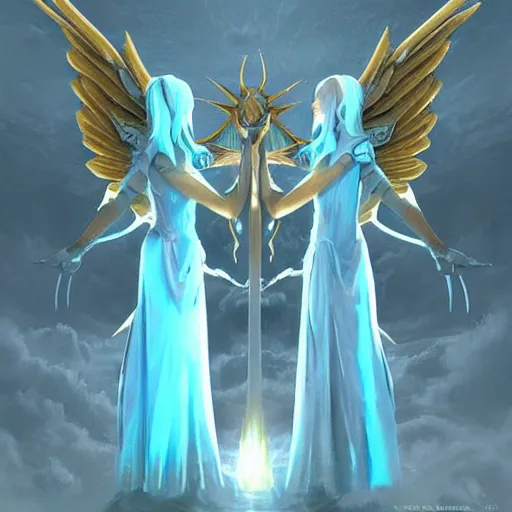 Image similar to winged tall pale blue guardians protecting the entrance of the soul portal which it grants rebirth to mortals , digital art, trending Artstation