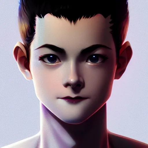 Image similar to youth sean young very slightly smiling, occlusion shadow, specular reflection, rim light, unreal engine, range murata, artstation, pinterest, art by hiroaki samura and ilya kuvshinov and rossdraws, intricate, highly detailed 8 k, art deco illustration, extremely beautiful shape of face, neck, shoulders eyes