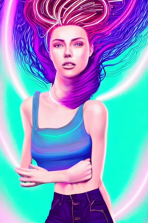 Image similar to a award winning half body portrait of a beautiful woman with stunning eyes in a croptop and cargo pants with ombre purple pink teal hairstyle by thomas danthony, surrounded by whirling illuminated lines, outrun, vaporware, shaded flat illustration, digital art, trending on artstation, highly detailed, fine detail, intricate