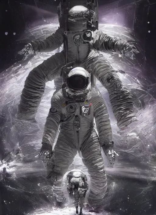 Image similar to astronauts in the dark infinite underwater void - complex and hyperdetailed technical suit, fabric material. reflection and dispersion materials. rays and dispersion of light. volumetric light. wide angle, f / 3 2. noise film photo. flash photography. ultra realistic, wide angle. poster by wayne barlowe, hajime sorayama aaron horkey, craig mullins