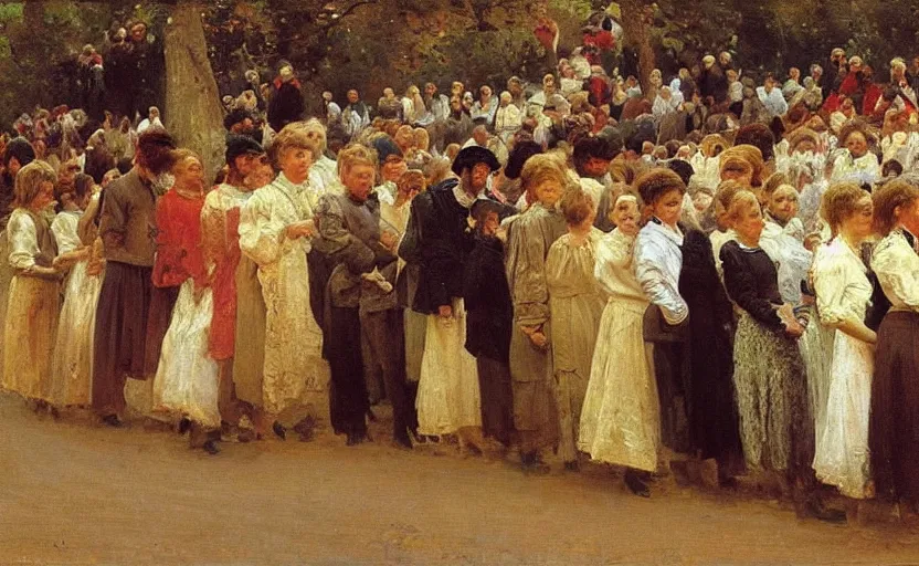 Image similar to high quality high detail painting by ilya repin, huge line of people fading into the background, hd