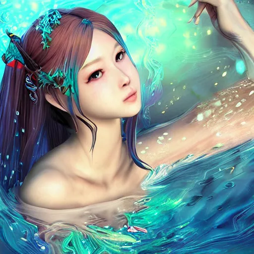 Prompt: digital art photoshop illustration of a beautiful and mystical water nymph from atlus in the style of kan liu ( 6 6 6 k 信 譞 ), trending on artstation, realistic, detailed, hyperrealism, pop art, cel - shaded, 8 k resolution, deviantart, zbrush central, twilight, fantasy