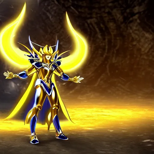 Image similar to full shot of angry darkness Saint Seiya knight at moonlight, wearing golden Cat armor, inspired by Masami Kurumada, detailed, unreal engine 4k volumetric light, fog,