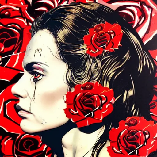 Image similar to portrait of british woman :: side profile :: in ocean :: roses and guns metal details :: gold :: blood and horror :: by marvel and Sandra Chevrier