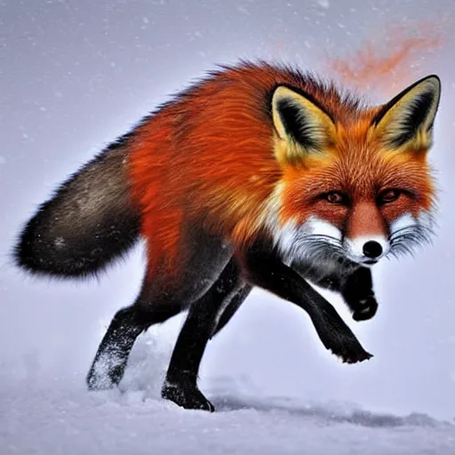 Image similar to a fantasy artwork of a red fox running fiercly in the snow during a blizzard