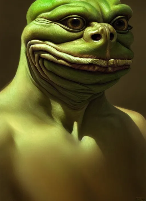 Image similar to 4 chan pepe, ancient god kek, sad, portrait, intricate, elegant, highly detailed, digital painting, artstation, concept art, wallpaper, smooth, sharp focus, illustration, art by h. r. giger and artgerm and greg rutkowski and alphonse mucha