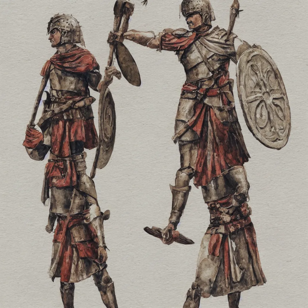 Prompt: a single roman legionnaire holding a scroll, watercolor, concept art, white background