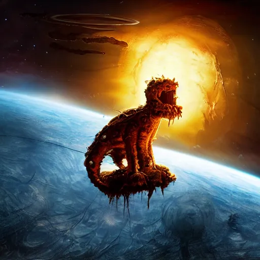 Image similar to eldritch horror bloody garfield in space, hd, 8 k, giant, epic, realistic photo, unreal engine, stars, prophecy, powerful, cinematic lighting, destroyed planet, debris, violent, sinister, ray tracing, dynamic, epic composition, dark, horrific, teeth, grotesque, monochrome drawing, hellscape