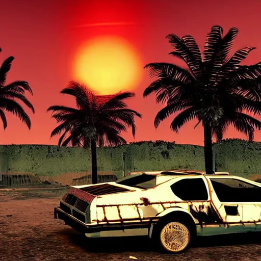 Image similar to wasteland hotline miami desert apocalypse car wasteland war destroyed wide shot landscape nuke fire craters end of the world miami beach sunset palm trees 80s delorean unreal engine dark style