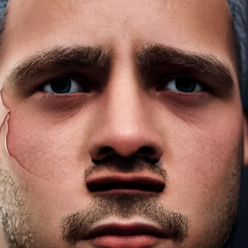 Prompt: close up portrait in hd of a man's face, his skin is transparent