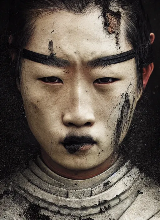 Image similar to samurai portrait photo, wearing all black mempo mask, after a battle, war scene, dirt and unclean, extreme detail, cinematic, dramatic lighting render, extreme photorealism photo by national geographic, tom bagshaw, masterpiece