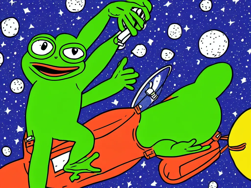 Prompt: one pepe the frog wearing spacesuit floating in space, cartoon illustration, detailed