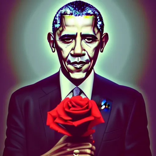 Prompt: full body portrait of barack obama with roses, bright lighting, godrays, golden, baroque style, roses, intricate abstract upper body intricate artwork, by tooth wu, wlop, beeple, dan mumford. concept art, octane render, deviantart, greg rutkowski, cinematic arthouse, key art, hyper