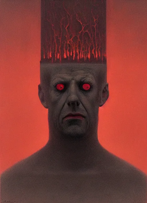 Prompt: lord loss, king of hell & sorrow, book portrait, pale red, lumpy skin, he has very dark - red eyes with even darker red pupils. tiny cracks in skin seep blood, symmetric lights and fog, in the style of zdzislaw beksinski, glowing light and shadow, hyperrealist, 8 k