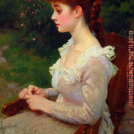 Prompt: portrait of a young woman, impressionism, realism, landscape, portrait, romanticism, painting by nikolay makovsky