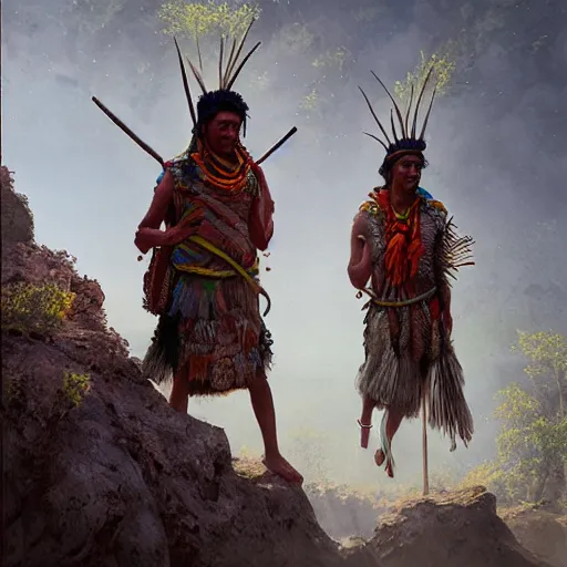 Image similar to splash painting, of tarahumara men and women from the mountains of northern mexico, greg rutkowski, hyperrealist, cinema 4 d, psychedelic, digital art