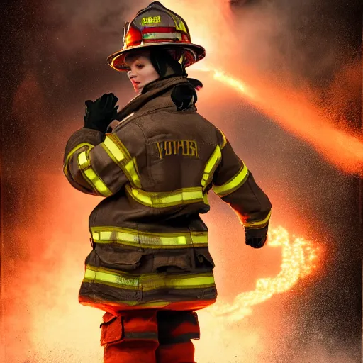 Prompt: full body pose, hyperrealistic photograph of female fireman, dim volumetric lighting, 8 k, octane beautifully detailed render, extremely hyper detailed, intricate, epic composition, cinematic lighting, masterpiece, trending on artstation, very very detailed, stunning, hdr, smooth, sharp focus, high resolution, award, winning photo, dslr, 5 0 mm