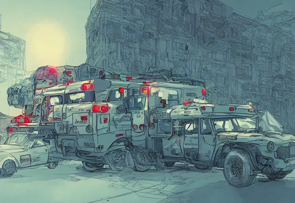 Image similar to handmade illustration of an ambulance, line art, ink, watercolor by Kilian Eng and by Jake Parker, winning-award masterpiece, fantastic, octane render, 8K HD Resolution, High quality image