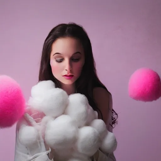 Prompt: portrait of pretty girl surrounded by large fluffy pink cotton balls, Dreamlike Portrait Photography by Ramak Bamzar