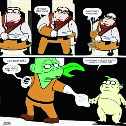 Prompt: Peter Griffin and Walter White beating up Yoda