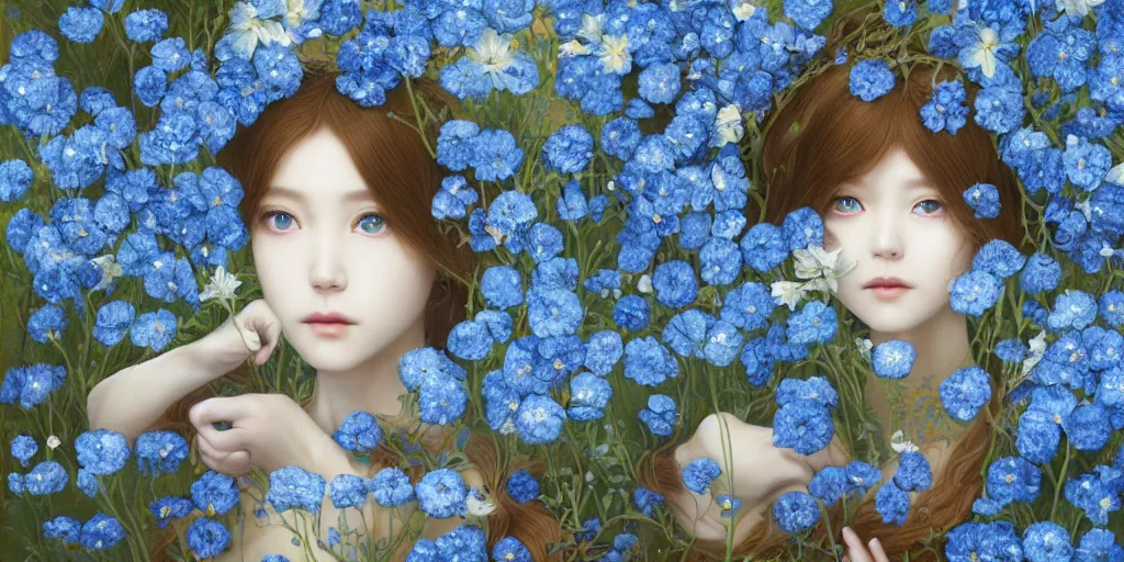 Image similar to breathtaking detailed concept art painting of the goddess of nemophila flowers, orthodox saint, with anxious, piercing eyes, ornate background, amalgamation of leaves and flowers, by Hsiao-Ron Cheng, James jean, Miho Hirano, Hayao Miyazaki, extremely moody lighting, 8K