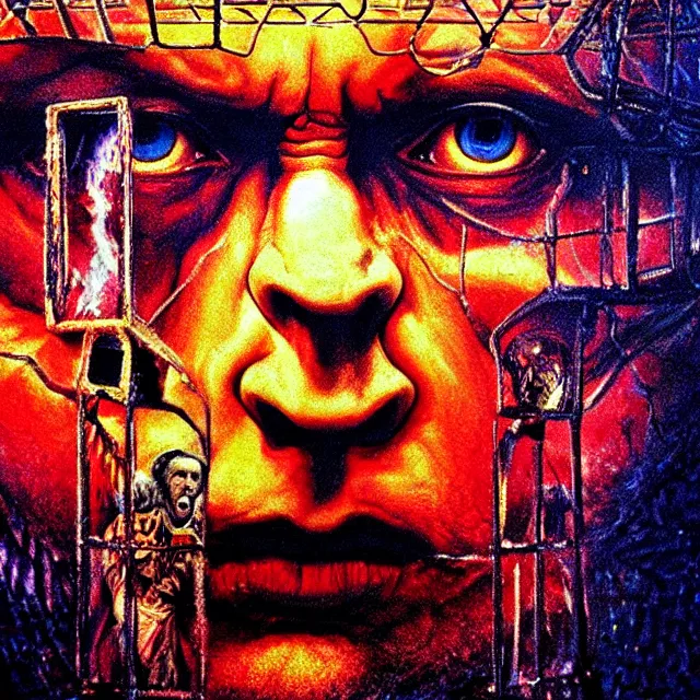 Prompt: shocked face of putin with tears in cage, hell, hyper - realistic, sharp focus, depth of field, hyper - detailed visionary art, symmetric, hell, holy halo, dramatic ambient lighting, high detail, vibrant colors, the thing 1 9 8 2, judgment day, apocalypse