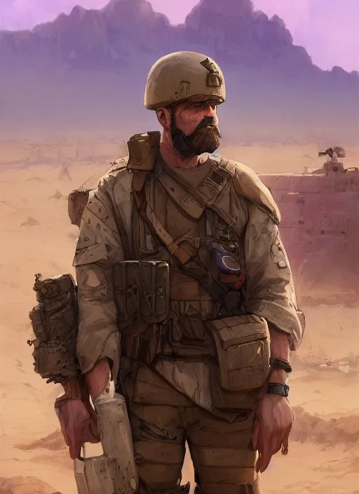 Image similar to purple scene lighting, detailed character portrait concept art, white male, strong muscular mature, soldier with beard, short hair, in a soldier uniform, desert with city in the background, sharp focus, illustration, highly detailed, digital painting, concept art, matte, art by wlop and artgerm and greg rutkowski, masterpiece