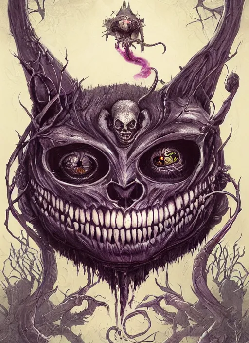 Prompt: Cheshire Cat brewing tea, Death Tarot card,highly detailed,half skull face,cinematic,8k,by Stanley Artgermm,Tom Bagshaw,Greg Rutkowski,Carne Griffiths, Ayami Kojima, Beksinski, Giger,trending on DeviantArt,hyper detailed,horror, full of colour