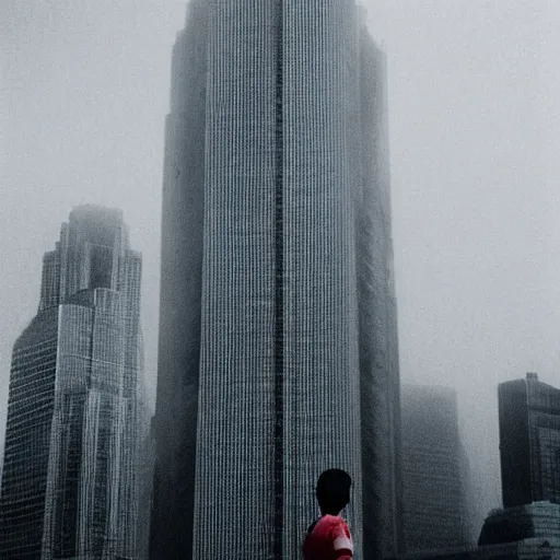 Prompt: a giant gray and red skinny creature climbing a sky - scraper, zoomed in on the creature, grainy footage, first person, eerie, liminal space,
