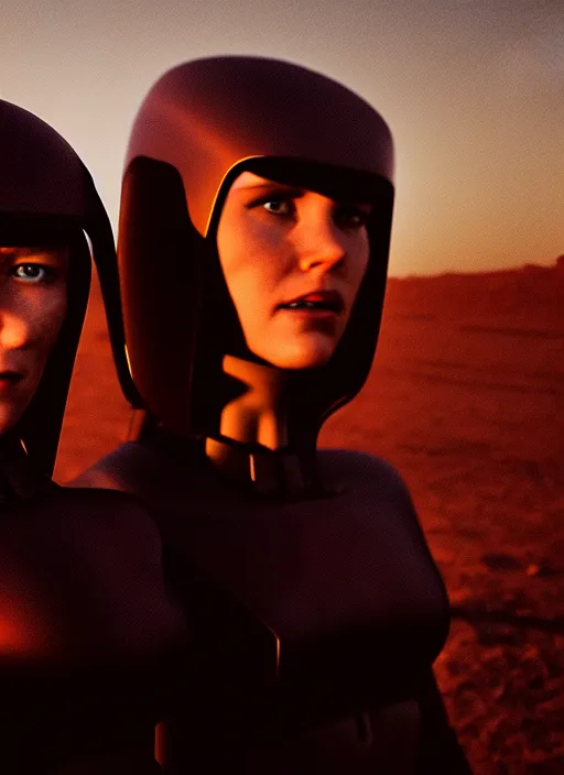 Image similar to cinestill 5 0 d photographic portrait of two sultry loving female androids wearing rugged black techwear on a desolate plain with a red sky, extreme closeup, cyberpunk style, garters, dust storm, 8 k, hd, high resolution, 3 5 mm, f / 3 2, ultra realistic faces, ex machina