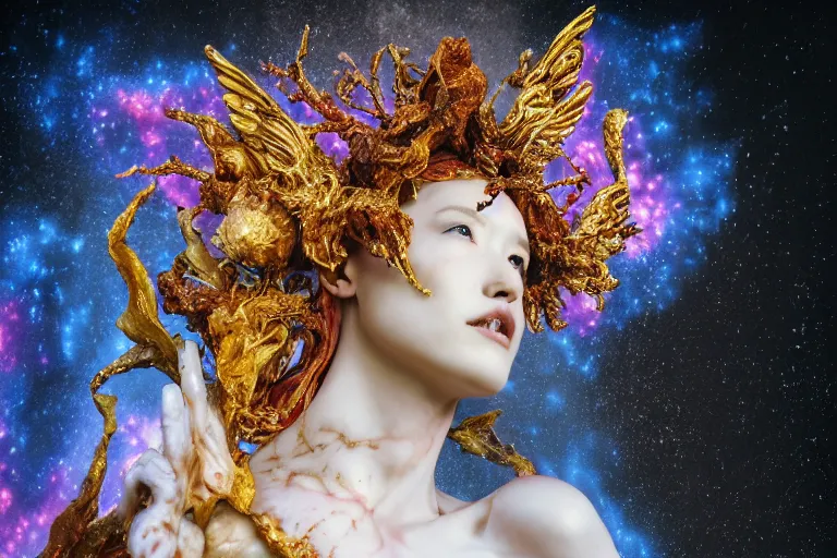 Image similar to Cinestill of A heartbreaking realistic 8k Bernini Sculpture of a stunning intricate cracked multicolored milky cosmic marble Evangelion Fallen Angel Devil Queen adorned in sentient mycelium mystical jewelry and ancient Empress crown and misty xparticles. by Yoshitaka Amano, Daytoner, Greg Tocchini, Scattered golden flakes, Hyperrealism. Subsurface scattering. Octane Render. Weirdcore, perfect face