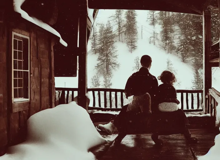 Prompt: a vintage photo of a boy and a girl with long flowing auburn hair sitting together on the porch of a cabin on a mountain overlooking a snowy landscape. atmospheric lighting, romantic, boy and girl, cold lighting, snowy.
