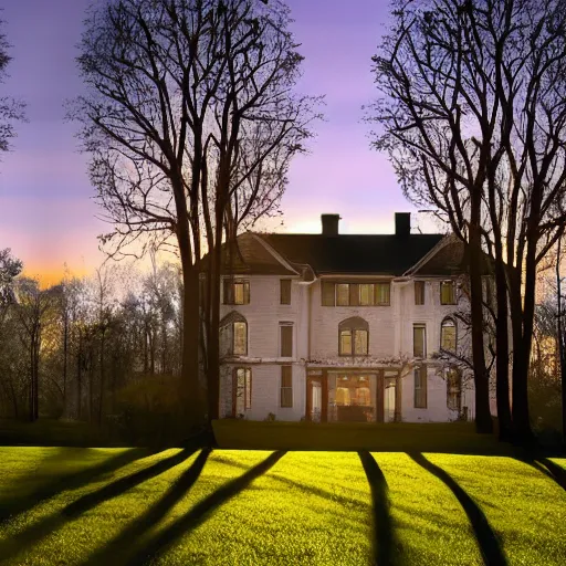 Prompt: mansion slim trees spring light sunset vectors designed by jackson & leroy