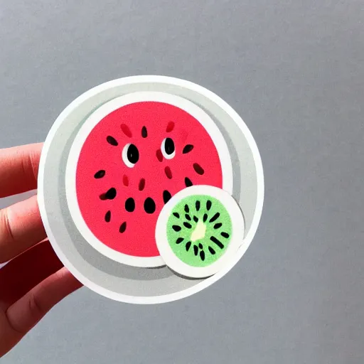 Image similar to cartoon diecut sticker of cute kawaii watermellon slice with white border and light gray background