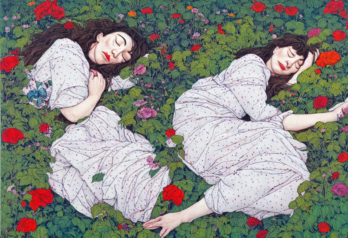 Image similar to portrait of kate bush sleeping in a garden by james jean