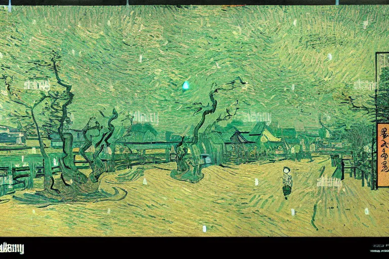 Prompt: japanese scenery in edo period, by vincent van gogh, high saturation, green color scheme