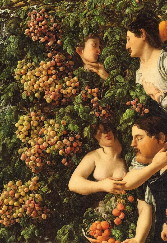 Image similar to men and women, closeup portrait, garden with fruits on trees, ultra detailed, Orazio Gentileschi style