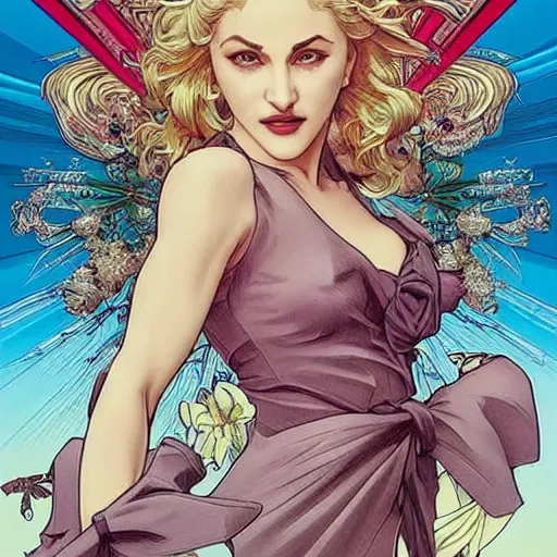 Image similar to madonna perfect coloring, low saturation, epic composition, masterpiece, bold complimentary colors. stunning masterfully illustrated by artgerm, range murata, alphonse mucha, katsuhiro otomo