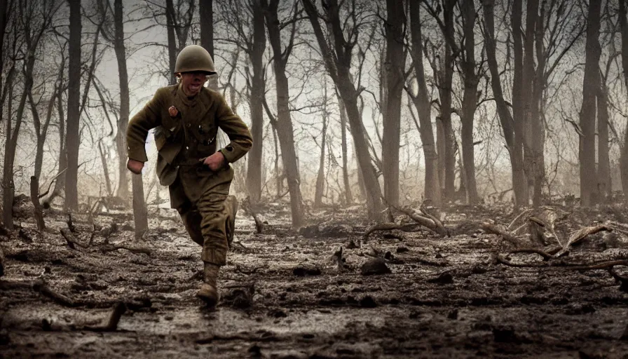 Prompt: screaming World War 1 soldier running across No Mans Land, wartorn landscape, lots of mud puddles and craters, burnt and broken trees, dirty lens, cinematic lighting, IMAX close-up cinematography, 35mm