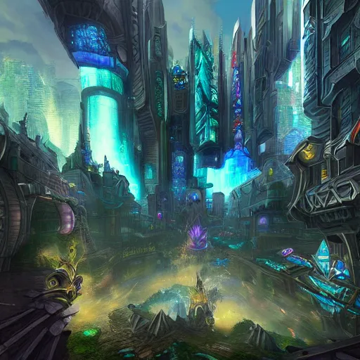 Image similar to world of warcraft futuristic, hyper detailed, cyberpunk