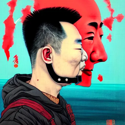 Image similar to portrait of a chinese man :: side profile :: oxygen mask :: blood and ocean intricate details :: 8k :: by vikings and Sandra Chevrier