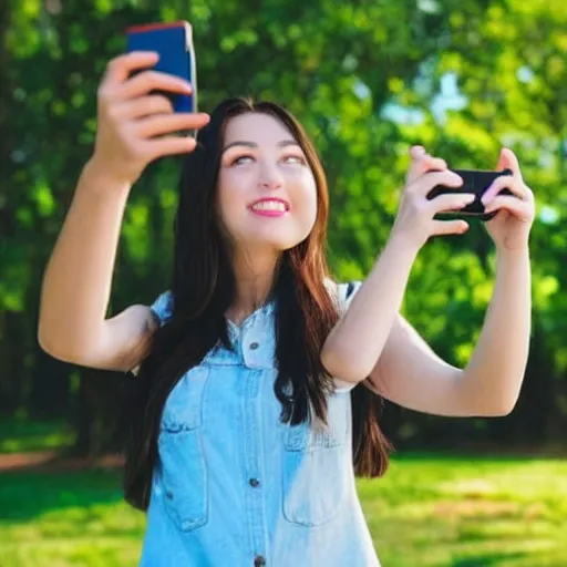 Prompt: a picture of a cute girl in a park taking a selfie with heart emojis floating in the air